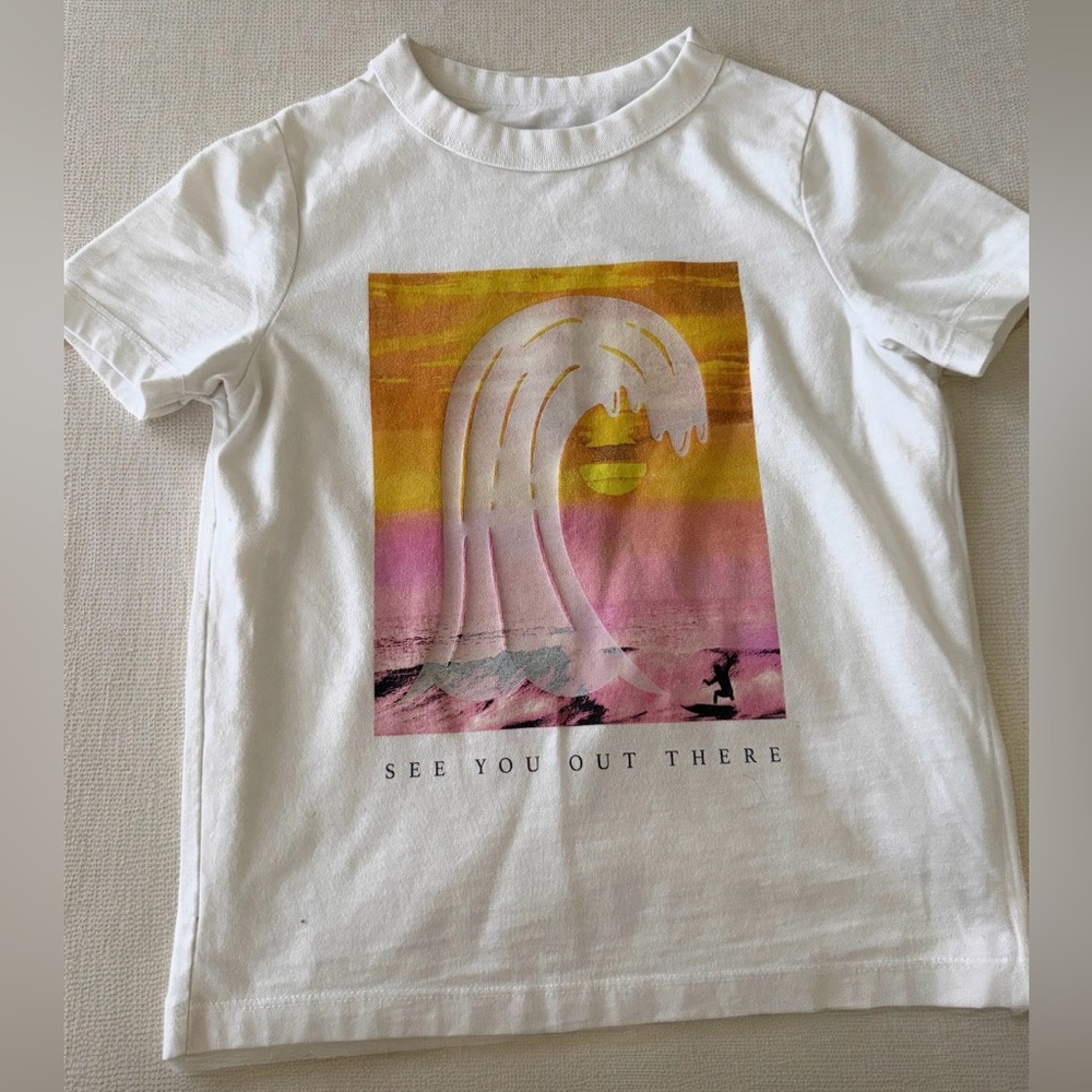 Old Navy White Tee with Yellow and Pink Surf Graphic